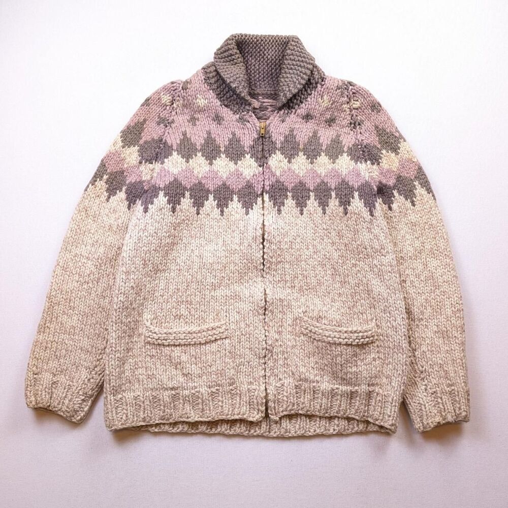 Vintage 60s Wool Cowichan Sweater Fair Isle Lopapeysa Cream Pink Size Medium
